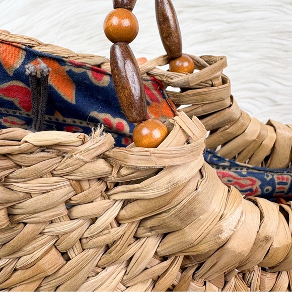 Vintage Philippines Beaded East West Baguette Raffia Woven Wicker Tote Bag Aloha - Picture 7 of 10